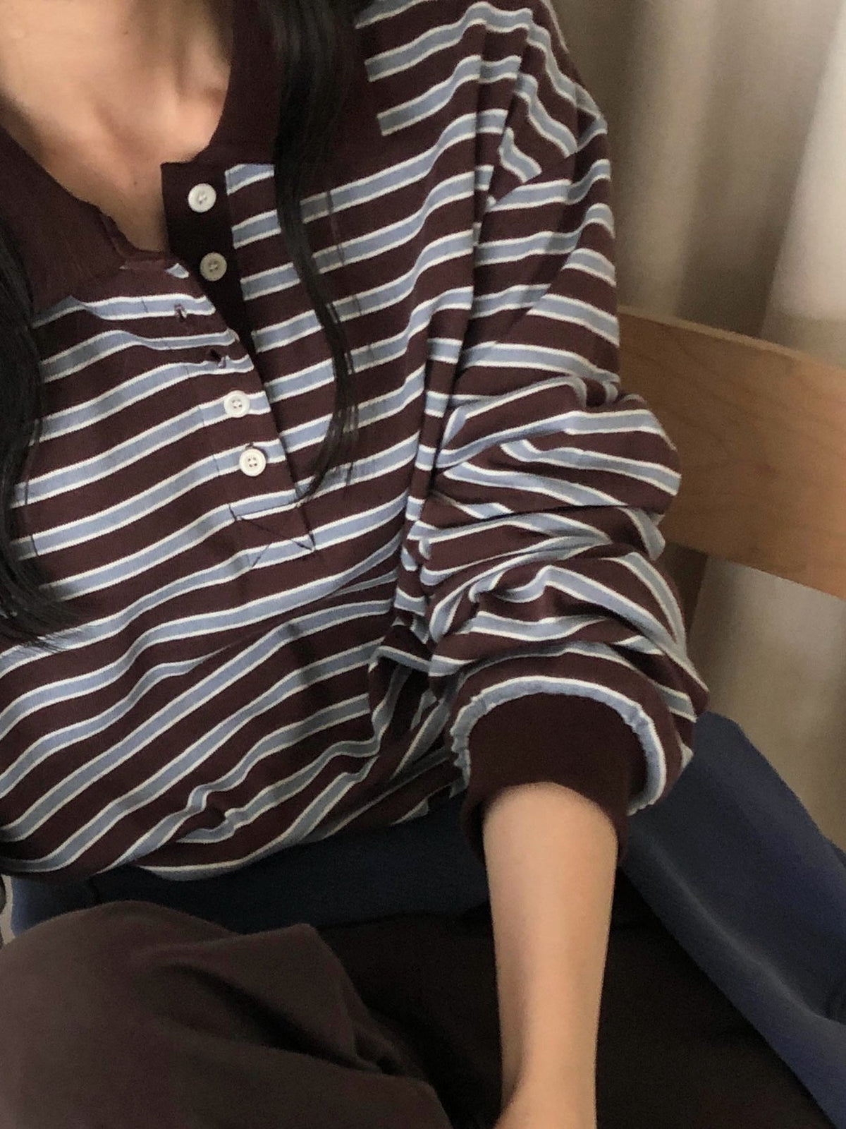 Striped Polo Collar Long Sleeve Tee with Side Slits