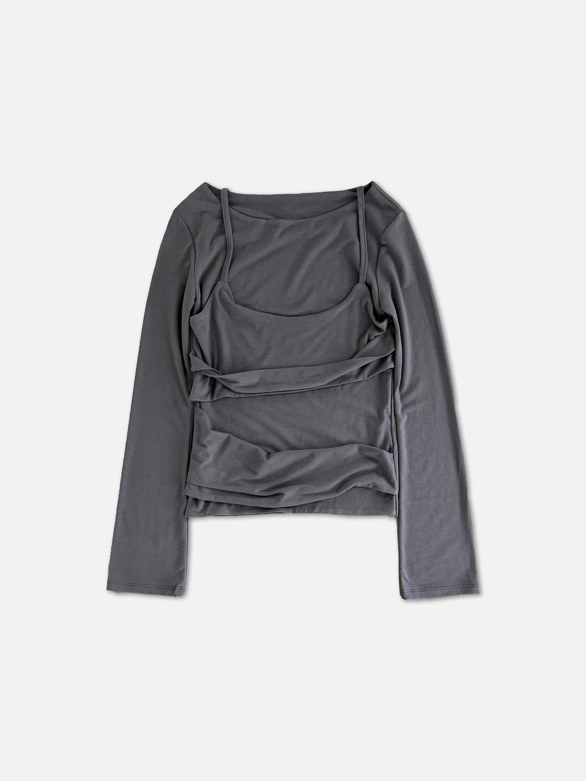Layered Look Long Sleeve Top with Ruched Strap Detail