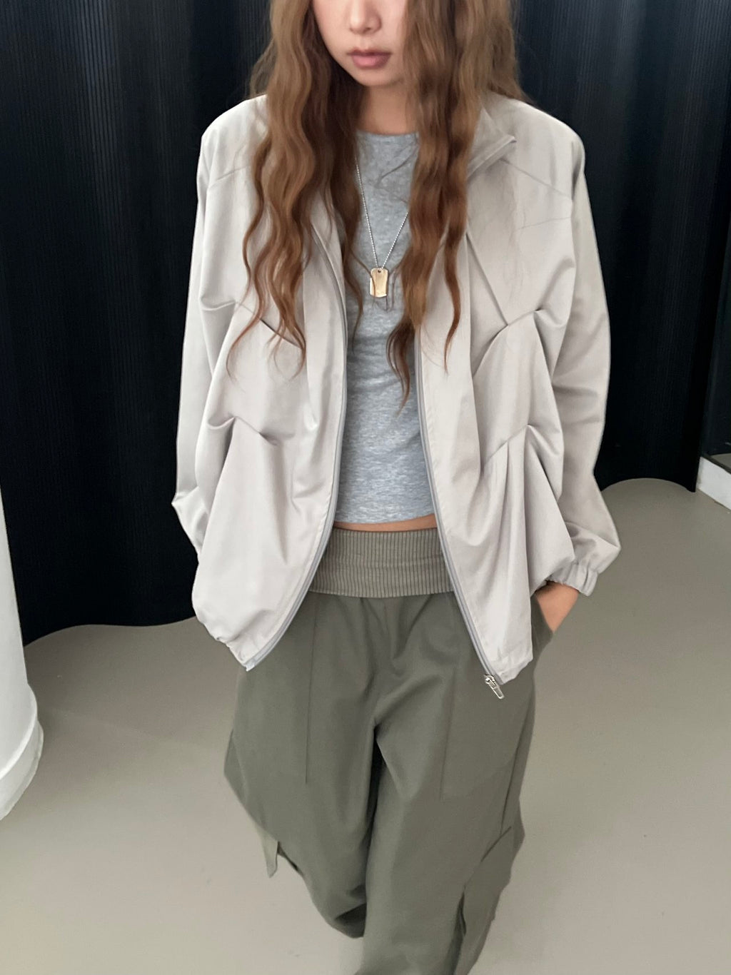 Stand Collar Full Zip Cropped Jacket with Pleated Panel Detail