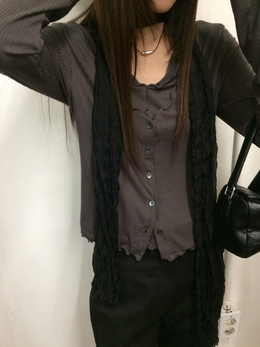 Wave Hem Ribbed Button-Front Long Sleeve Top