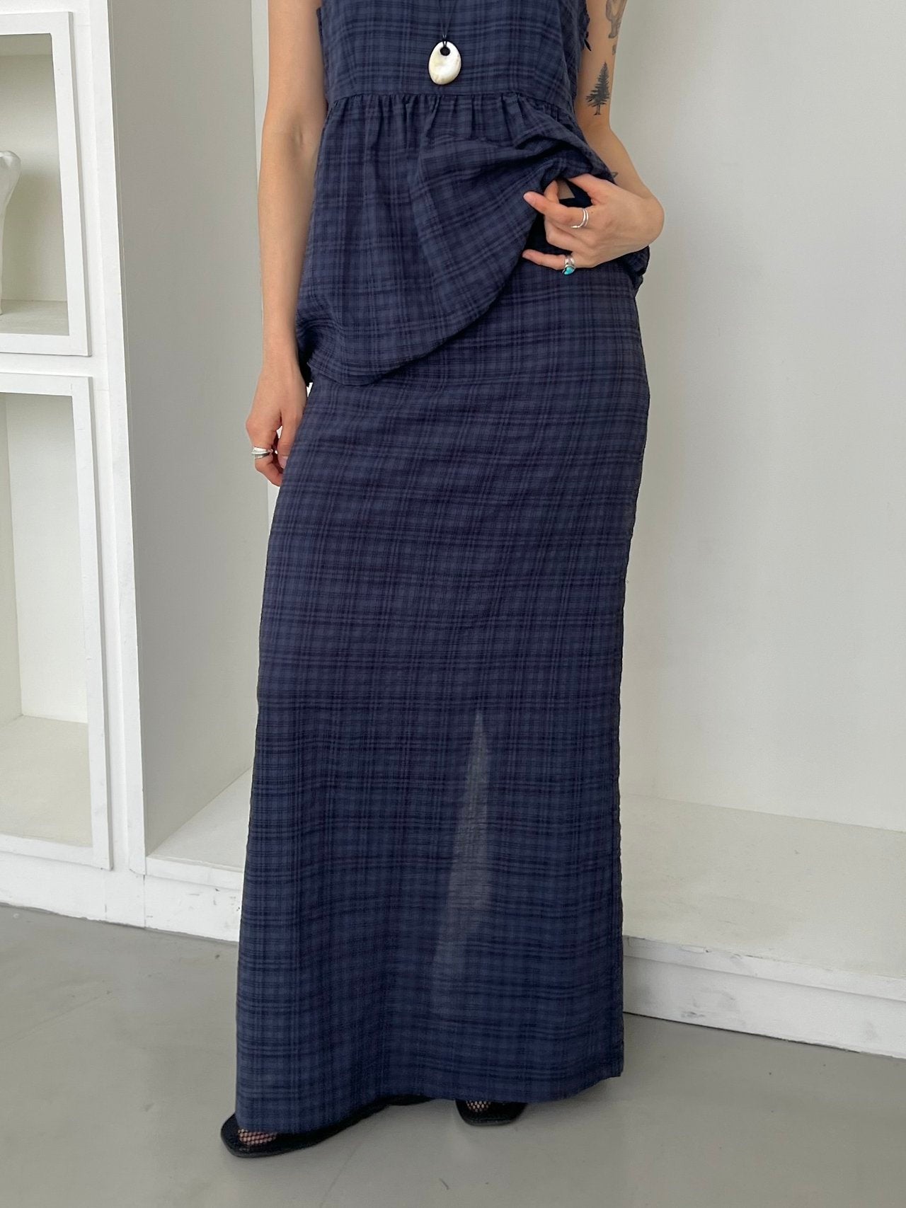 ASKHAKI Check Texture Spaghetti Strap Blouse and Maxi Skirt Set