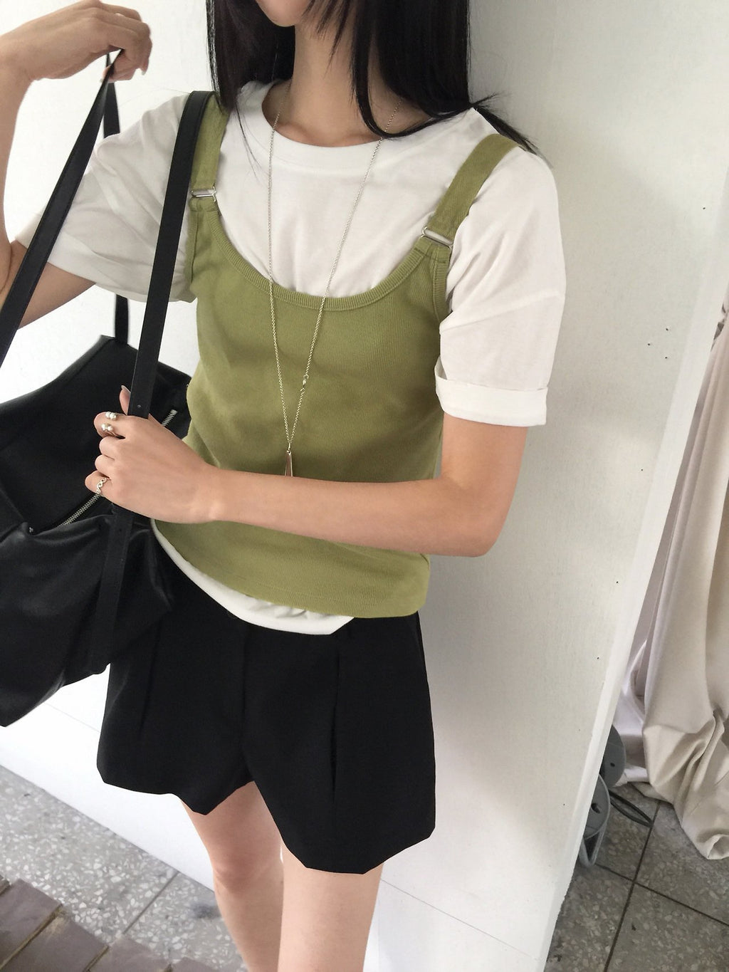 Nweol ribbed square neck tank top in White, front view with layered look