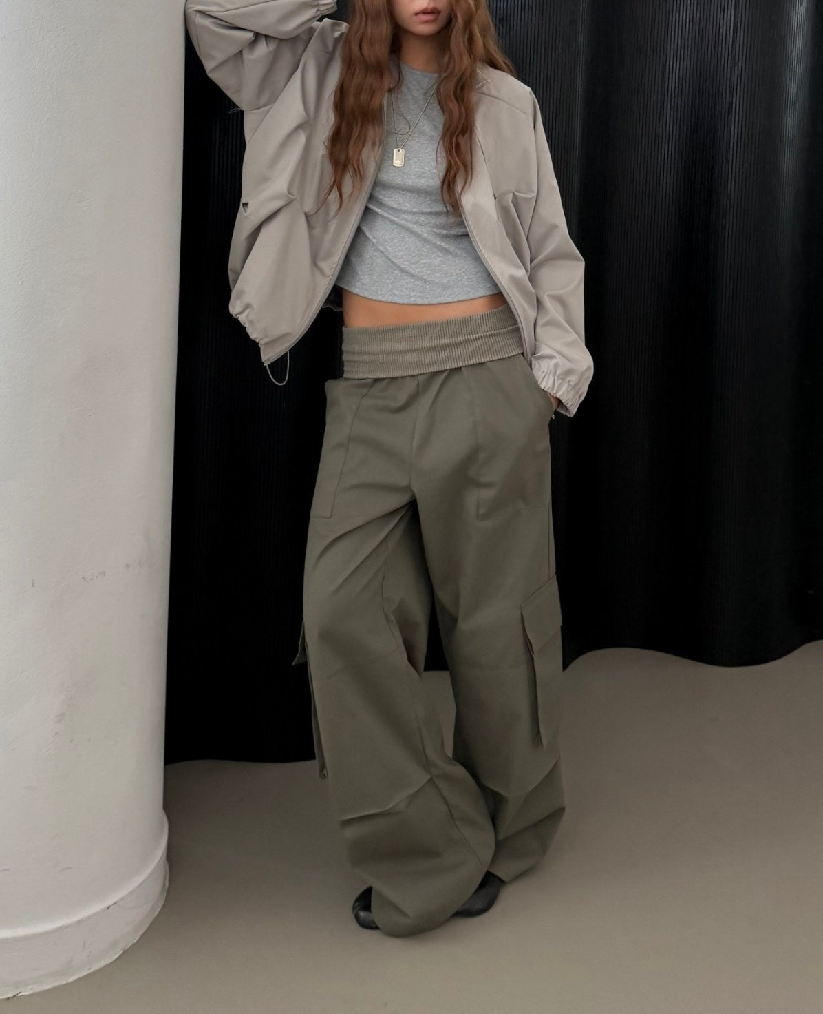 Rib Waistband Wide Leg Cargo Pants