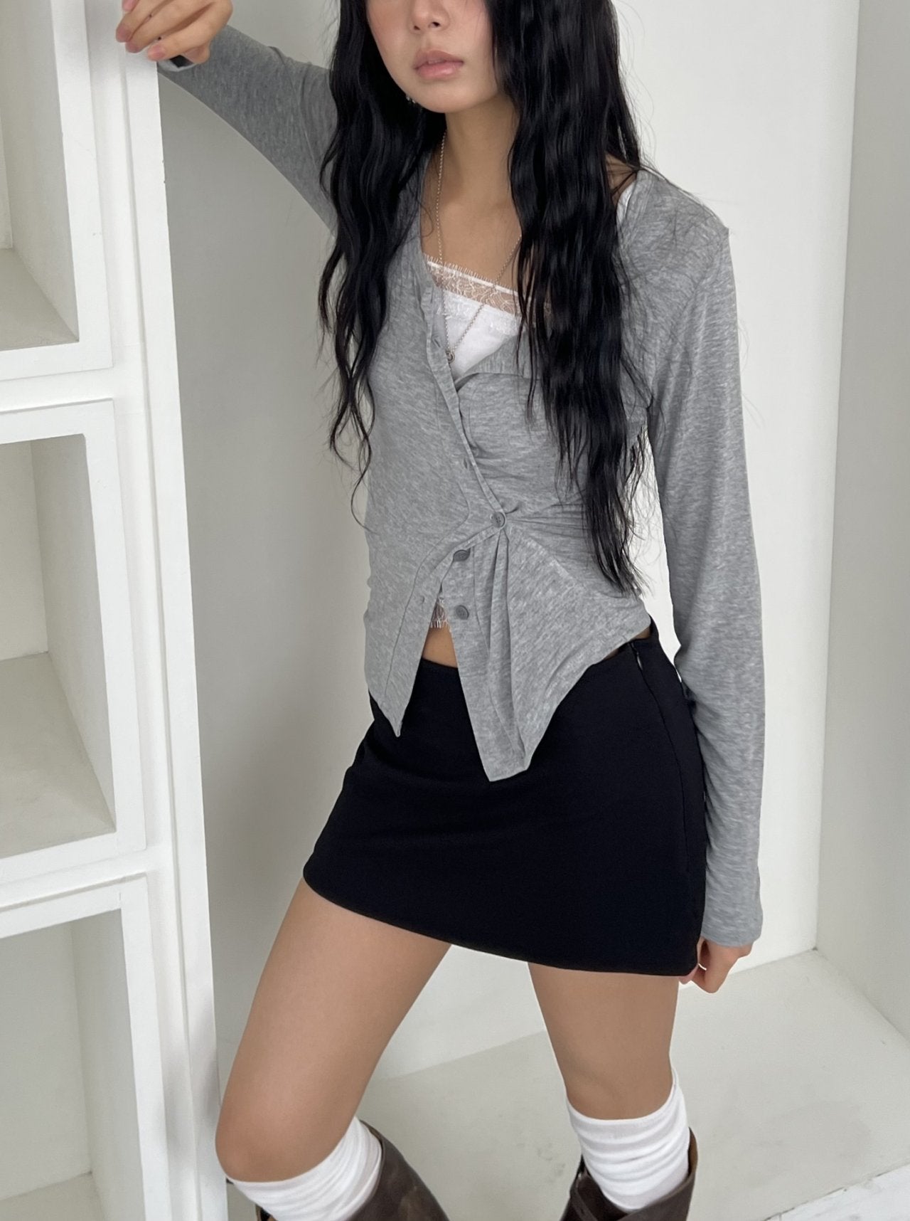 ASKHAKI Button-Front Drawstring Cropped Long Sleeve Cardigan