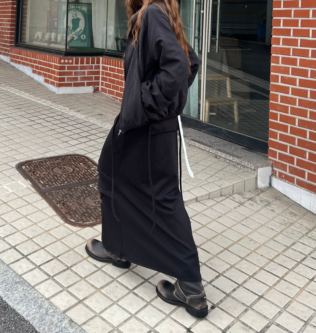 Drawstring Waist Maxi Cargo Pocket Apron Skirt