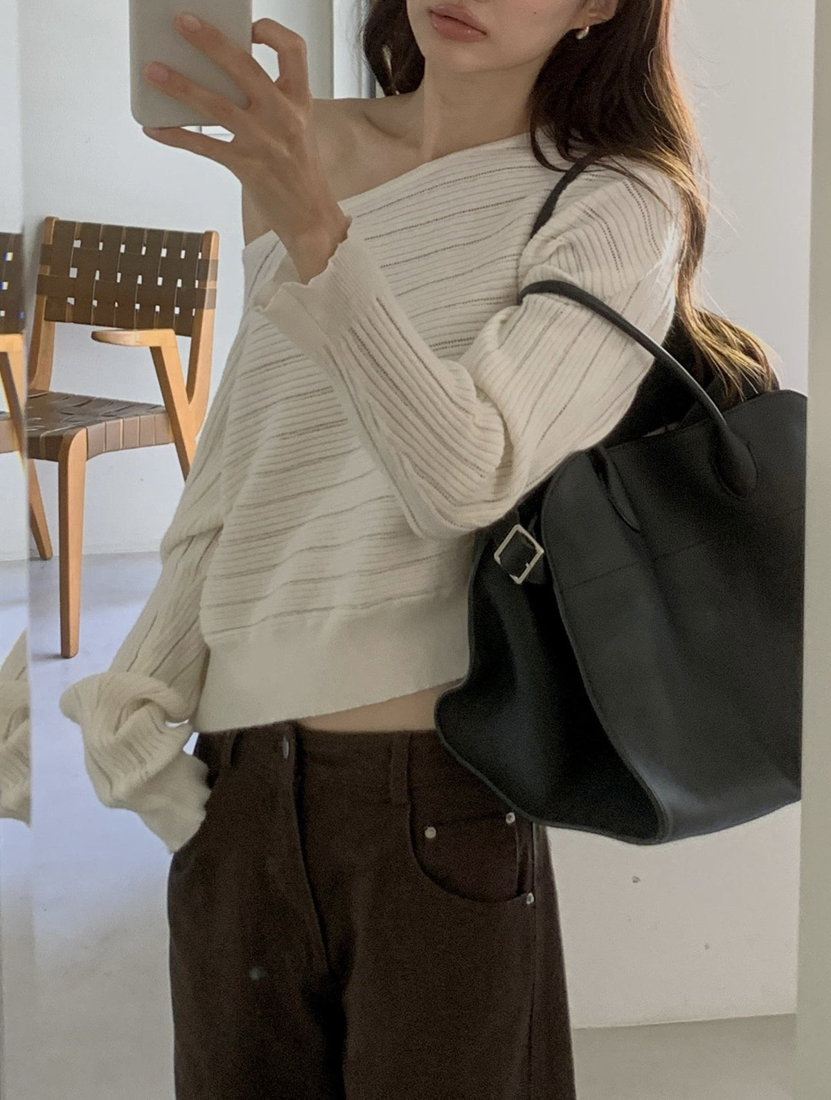 Oversized Wide Boat Neck Cropped Rib Knit Top