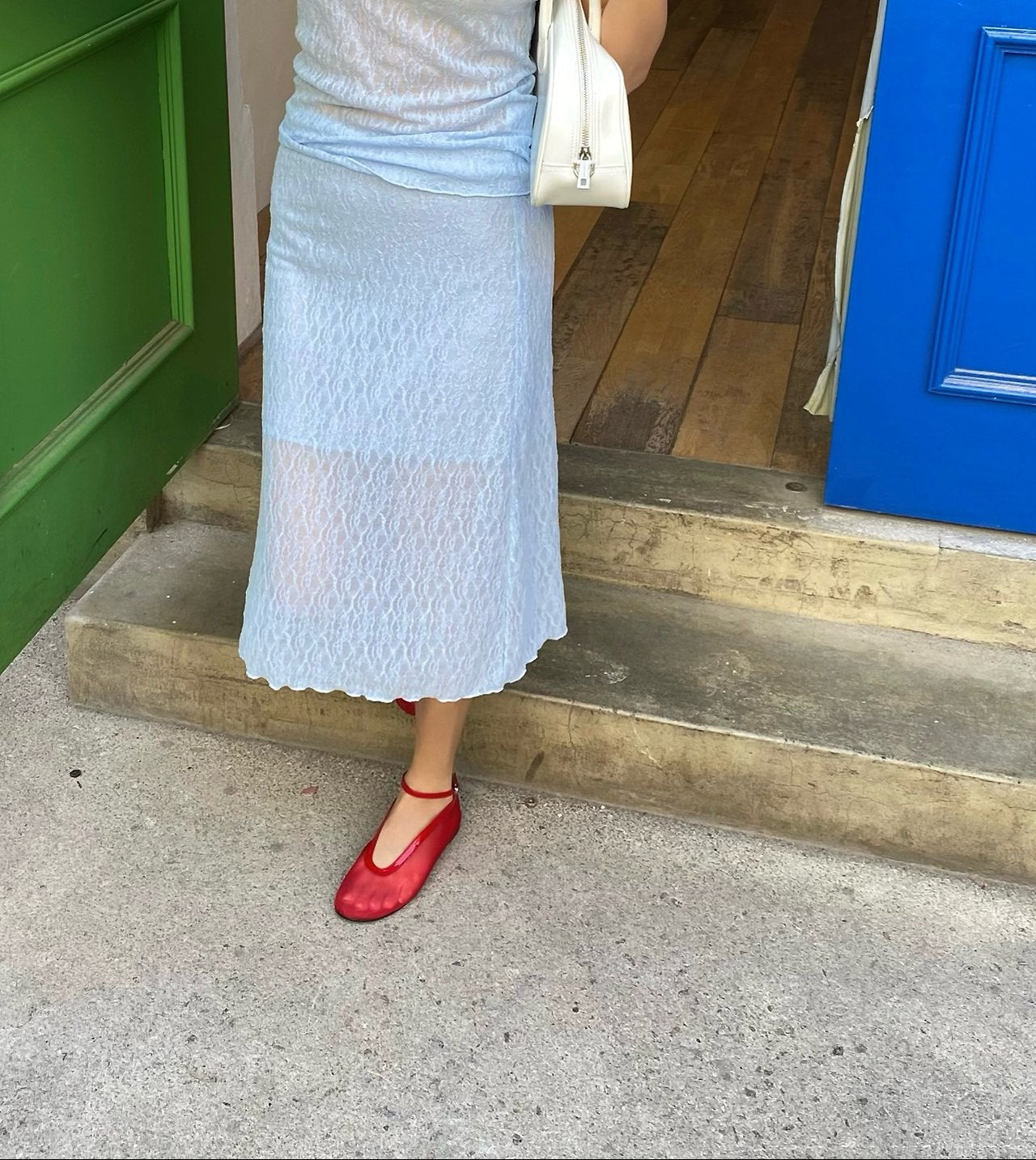 OUPPT Floral Lace Texture Midi Skirt with Lettuce Hem