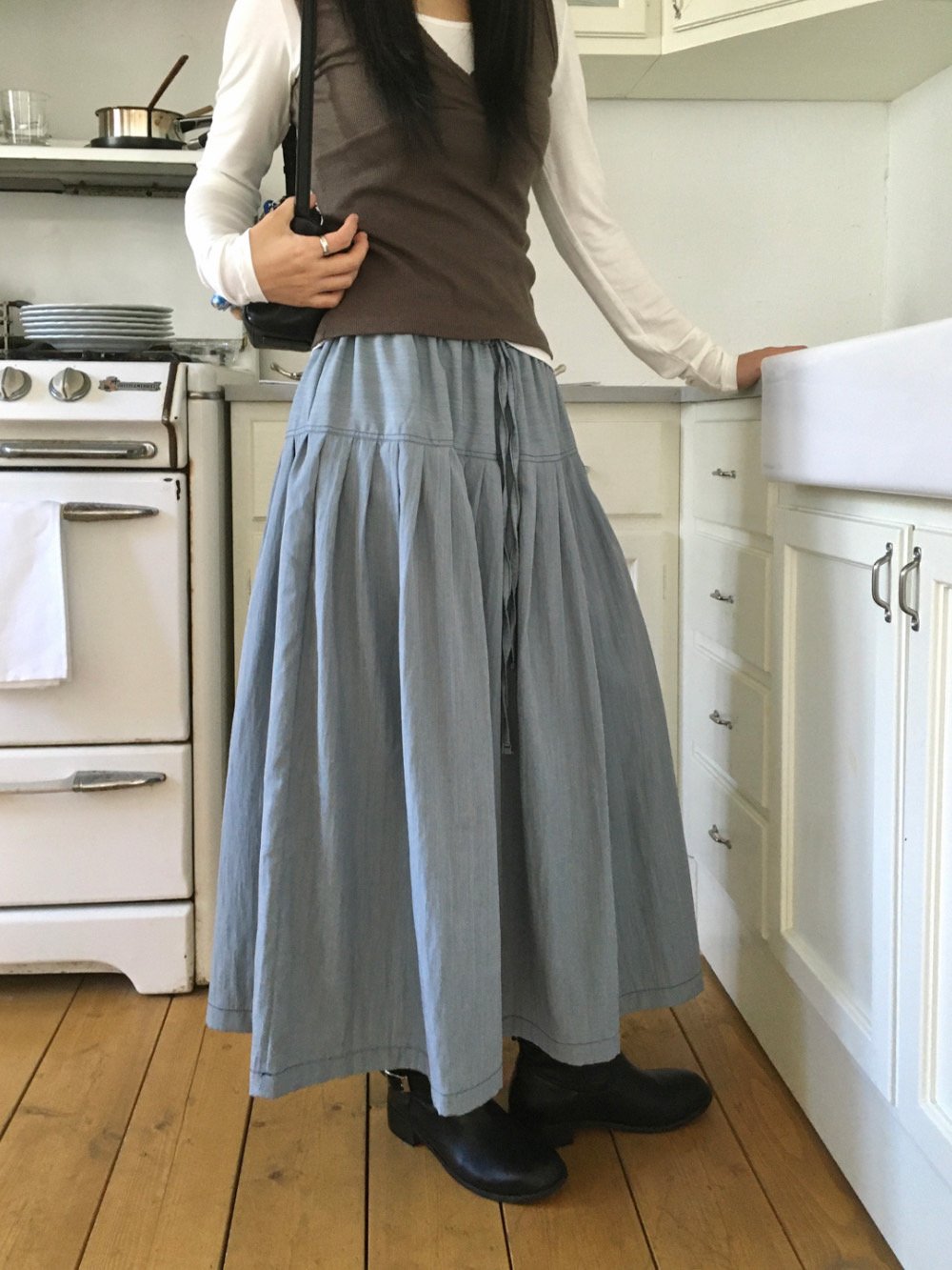 Pleated Midi Skirt with Drawstring Elastic Waist