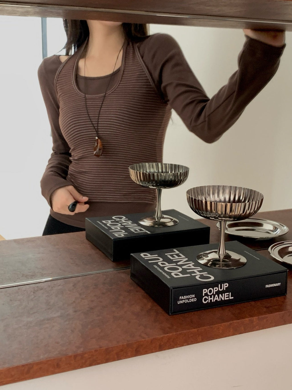 Front view of melange gray long-sleeve top and striped tank set