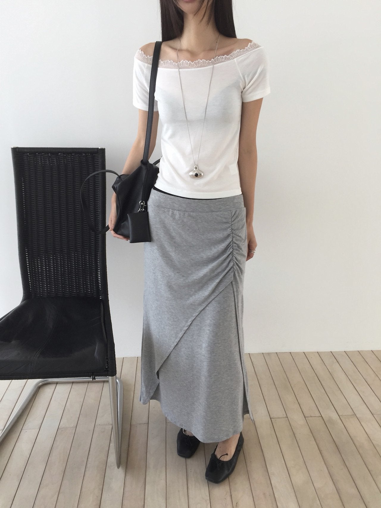 Nweol side ruched maxi skirt in Grey, Charcoal and Black, three colorways product flat lay on white surface