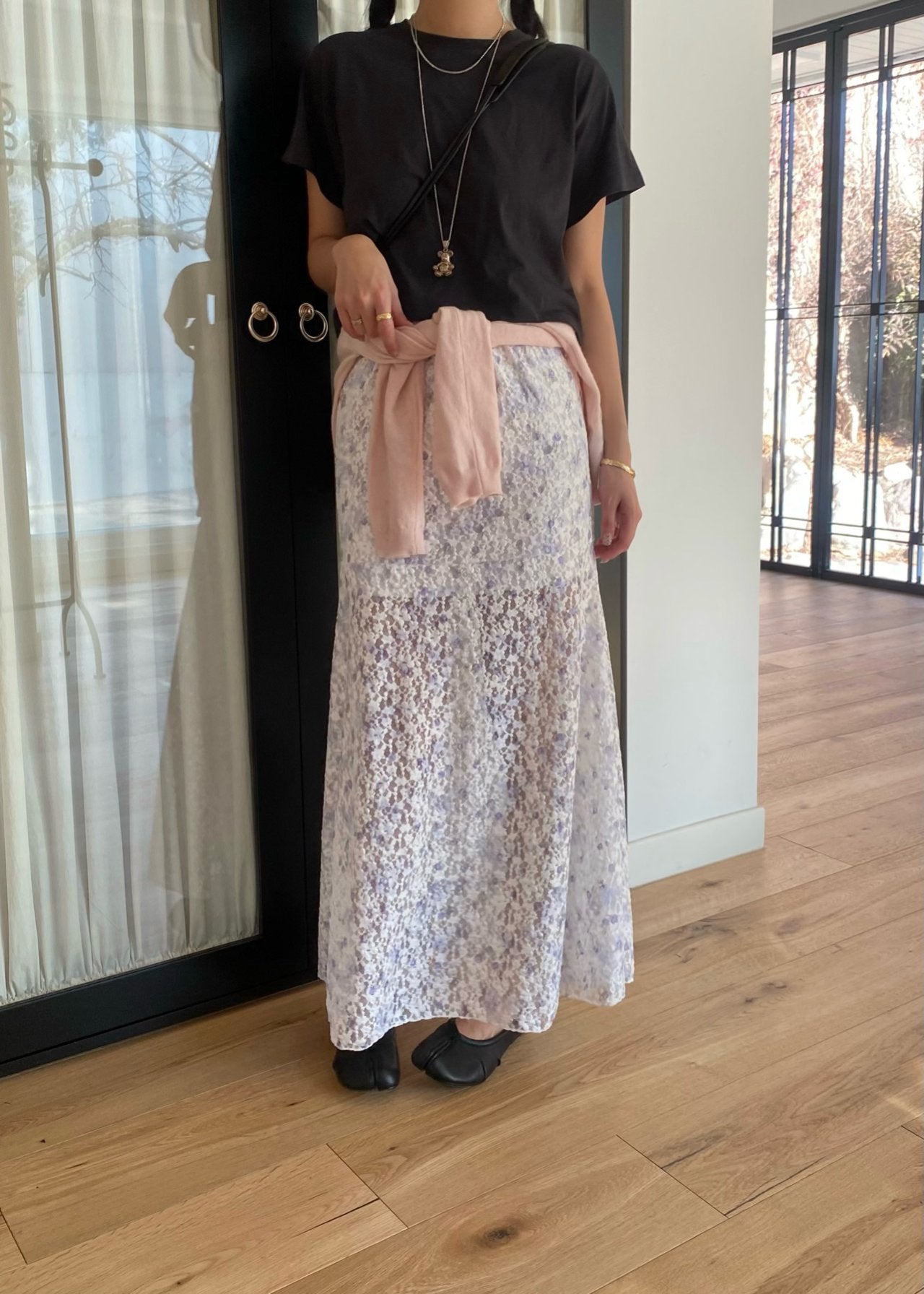 OUPPT Floral Lace Elastic Waist Maxi Skirt with Flared Hem