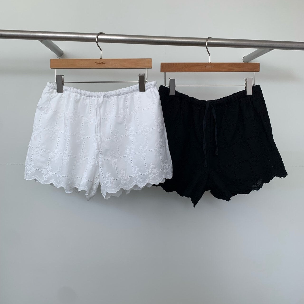 VAARA Eyelet Embroidery Scallop Hem Shorts with Drawstring Elastic Waist