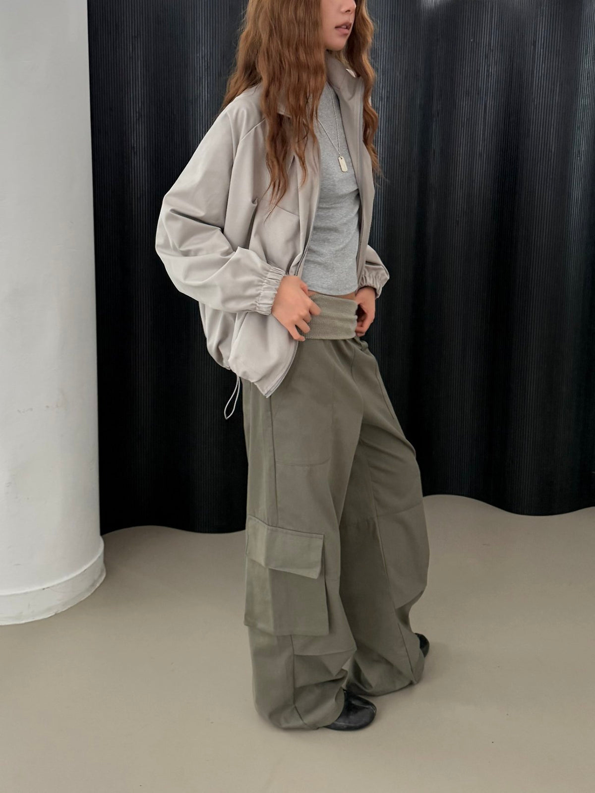 Stand Collar Full Zip Cropped Jacket with Pleated Panel Detail