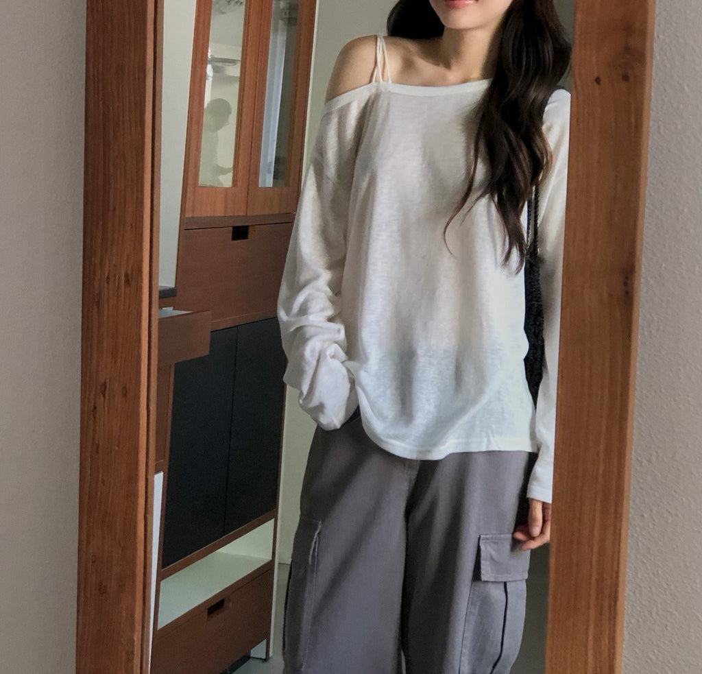 Off Shoulder Strap Detail Long Sleeve Top