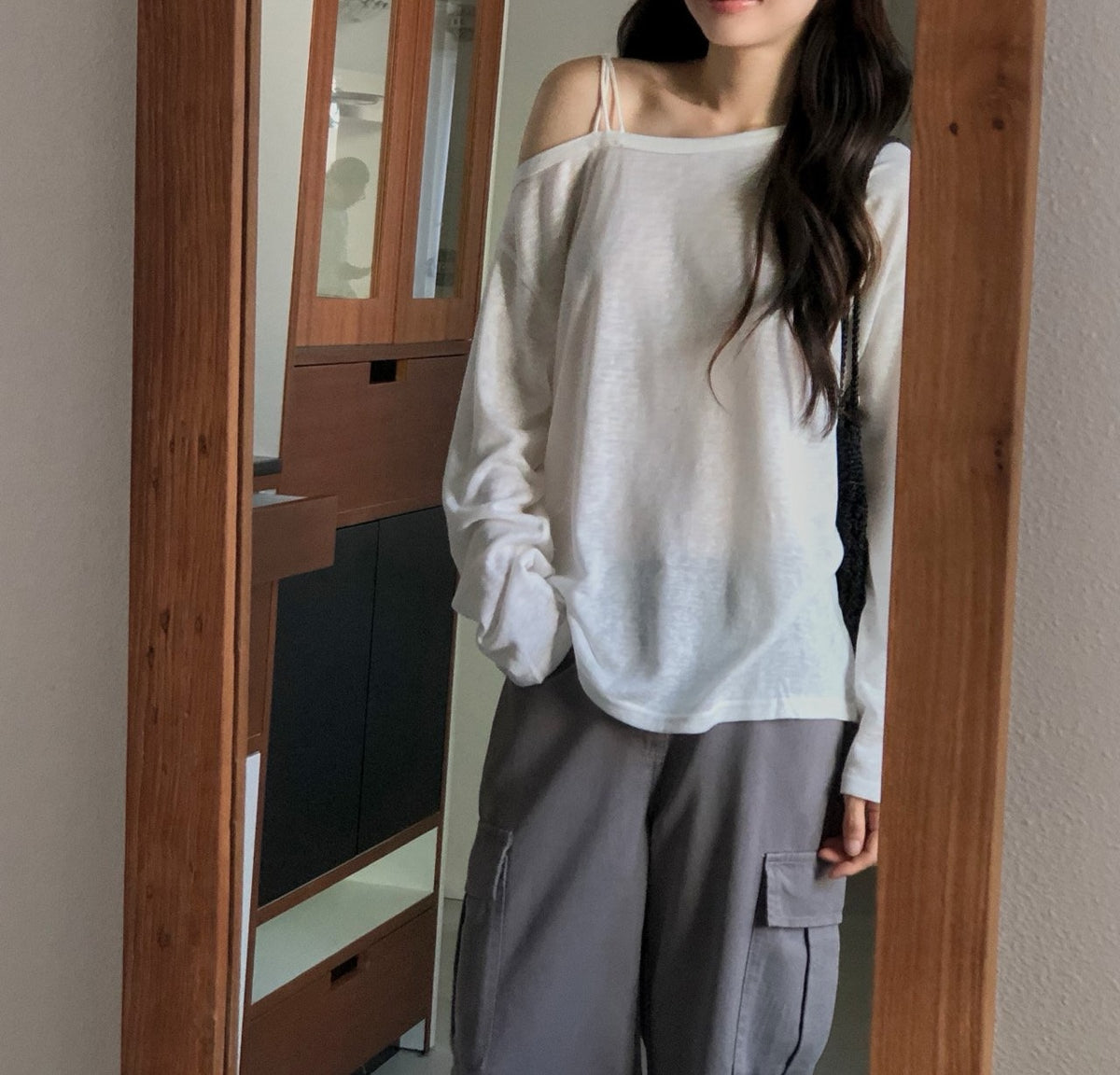 Off Shoulder Strap Detail Long Sleeve Top