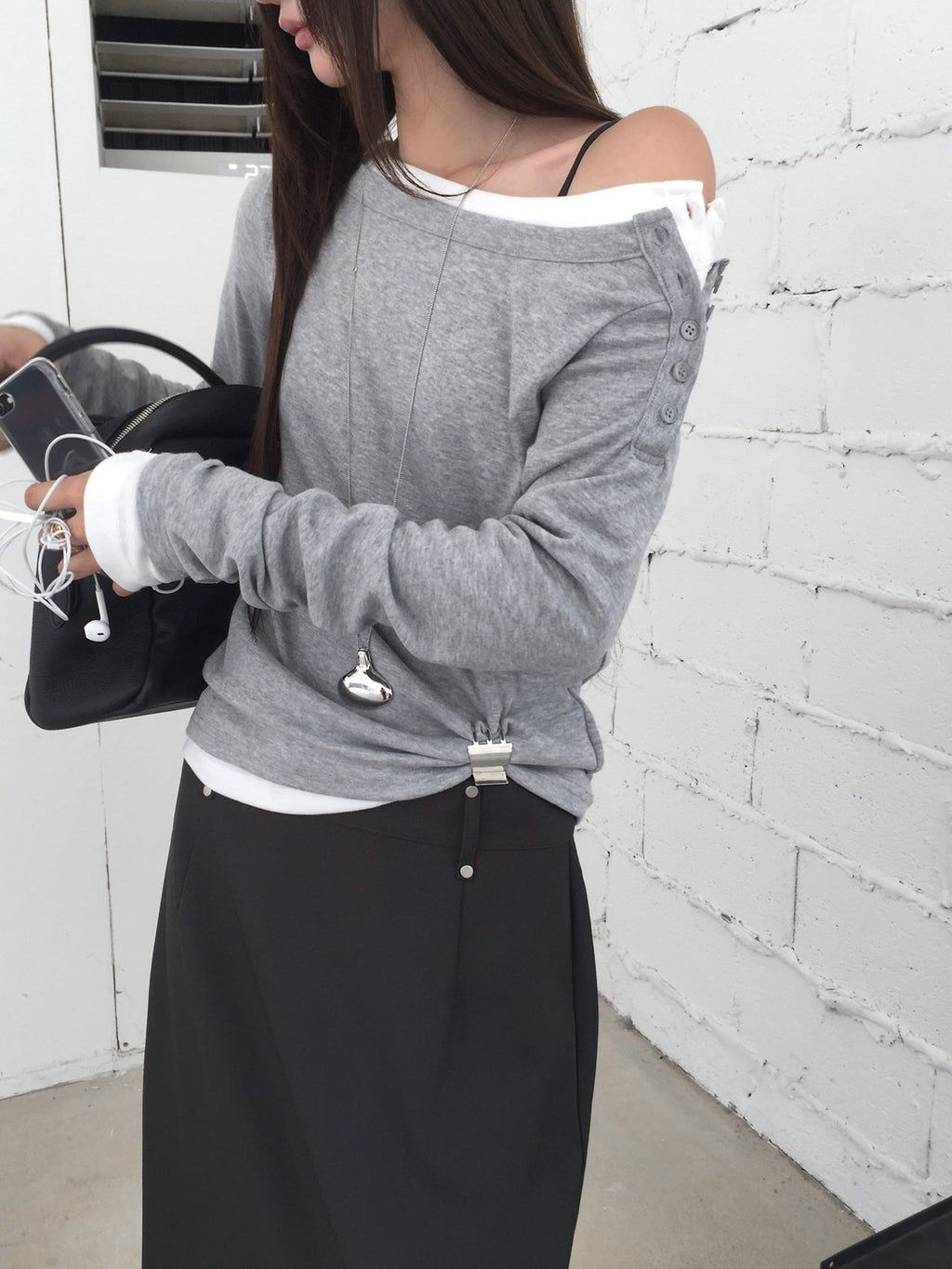 Off-Shoulder Button Long Sleeve Top