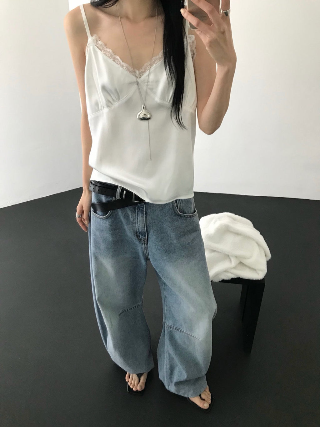 Nweol lace trim satin tank top in Ivory and Black, two colorways product flat lay on white surface