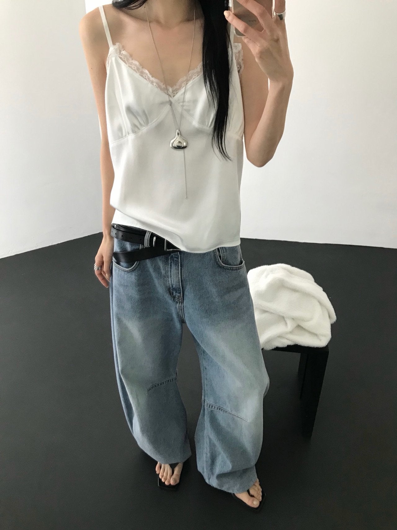 Nweol lace trim satin tank top in Ivory and Black, two colorways product flat lay on white surface