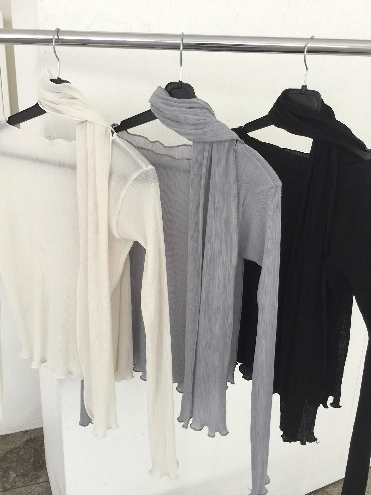Pleated Long Sleeve Top with Scarf Set