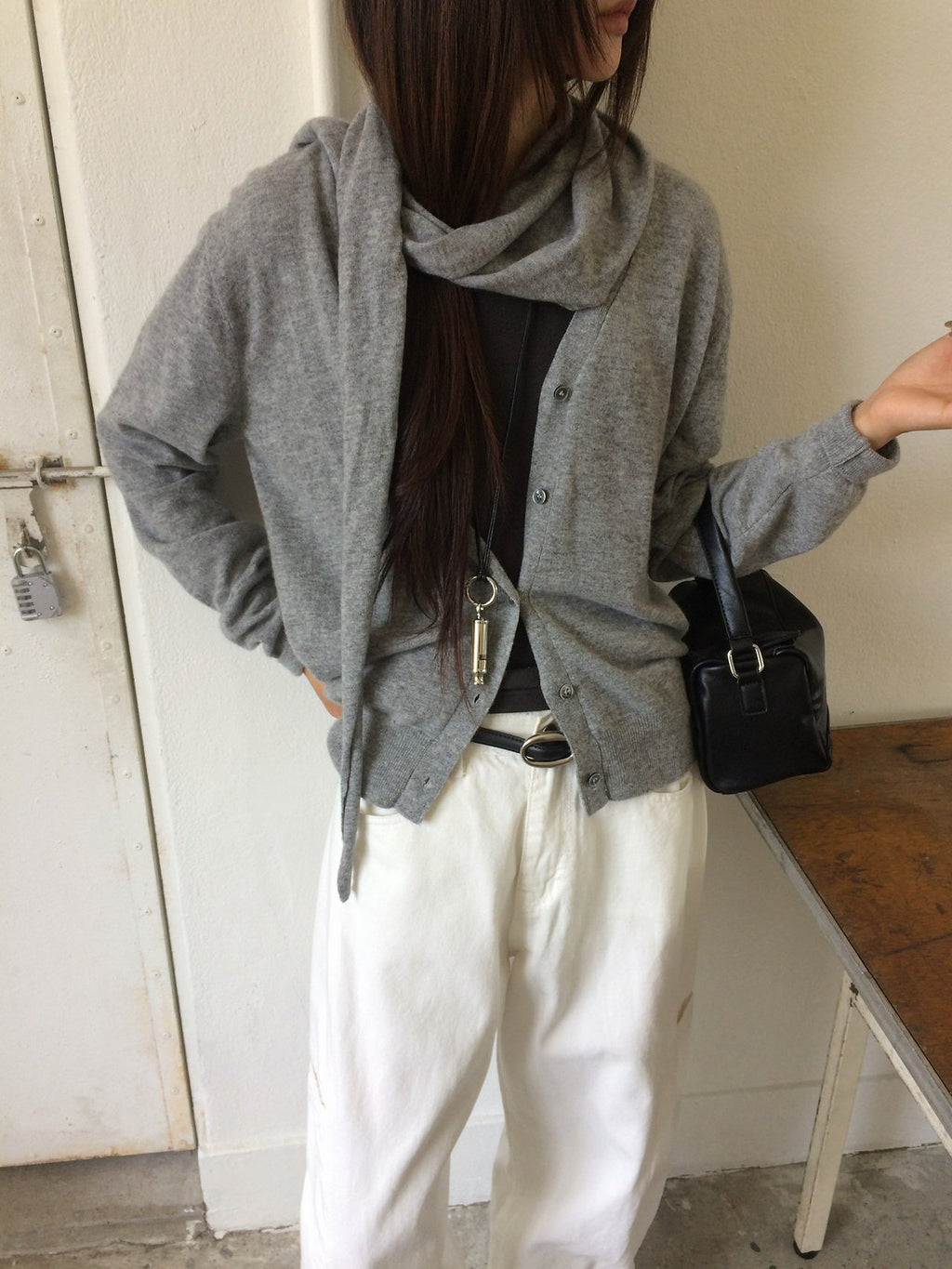 V-Neck Button Knit Cardigan with Set Scarf