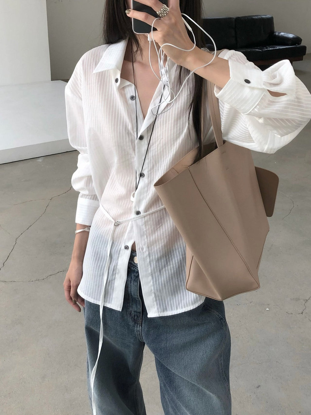 Stripe Texture Button-Down Shirt with Drawstring Waist