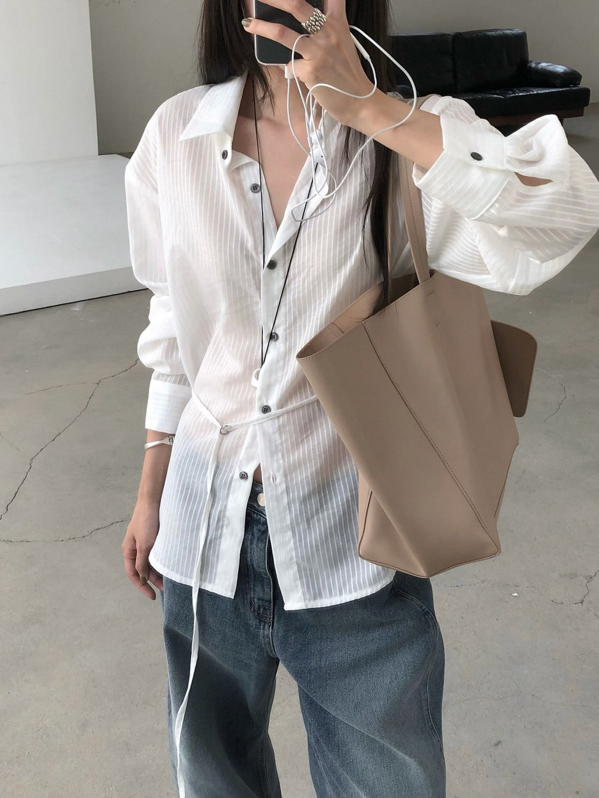 Stripe Texture Button-Down Shirt with Drawstring Waist