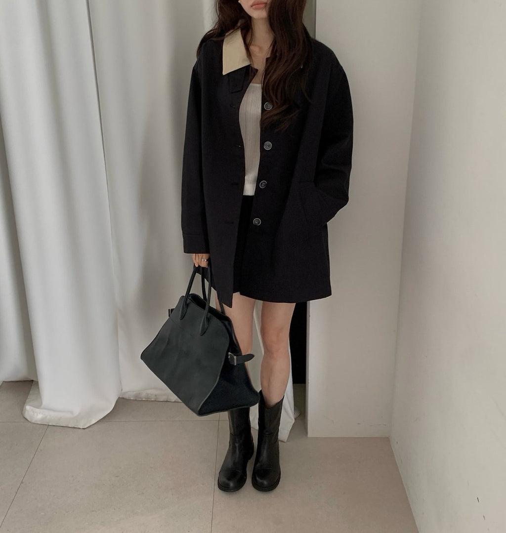Oversized Contrast Collar Corduroy Trim Long Coat