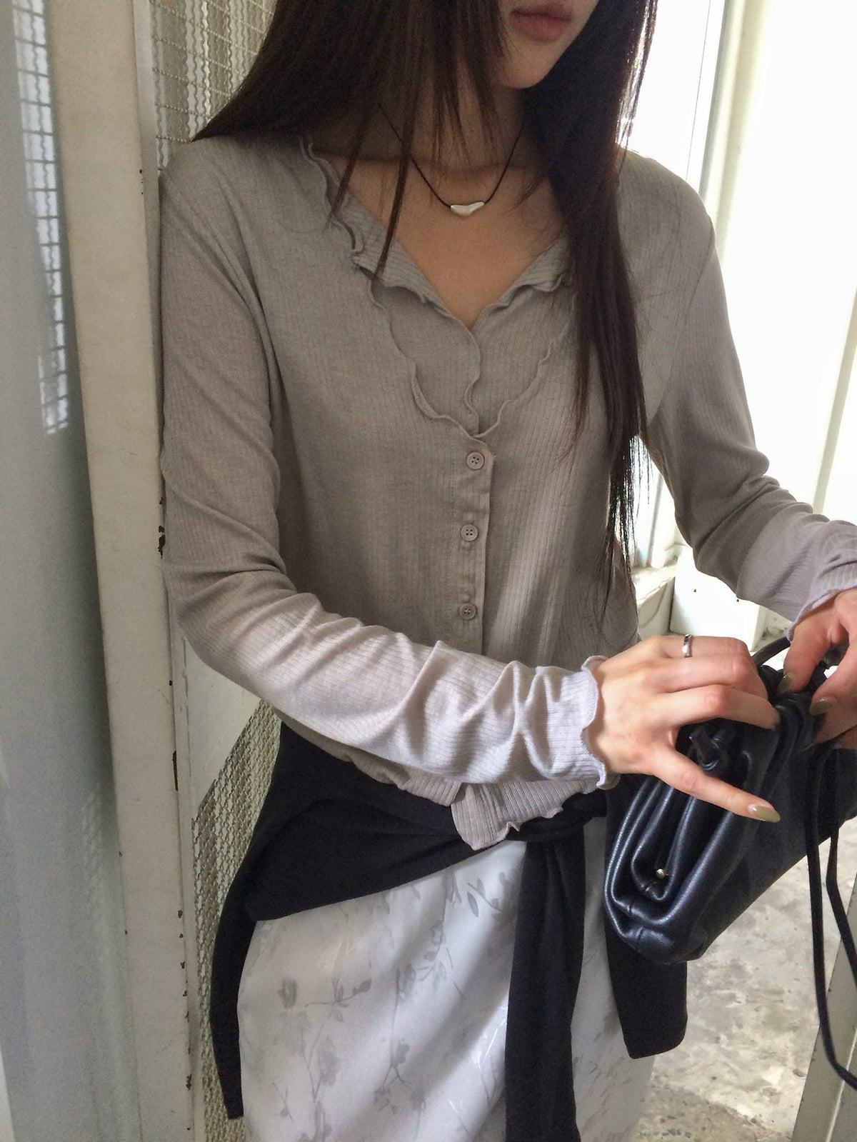 Wave Hem Ribbed Button-Front Long Sleeve Top