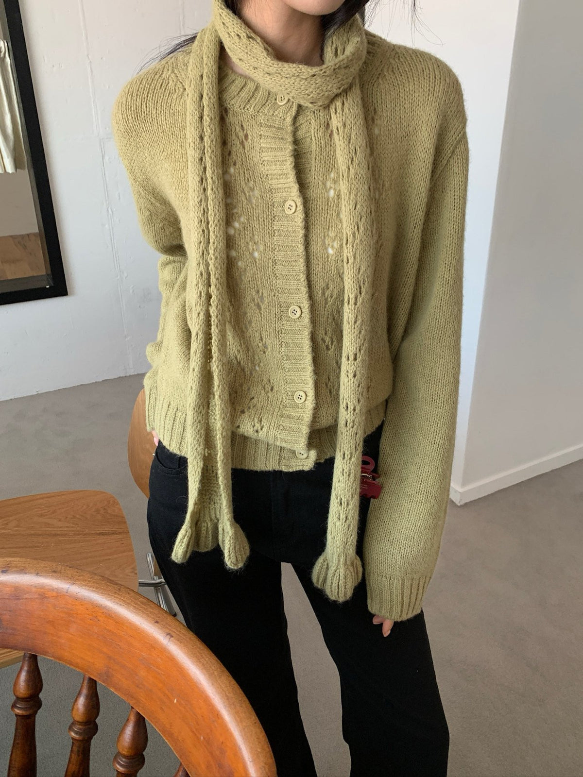 Close-up of Lucysalon Light Khaki cardigan and scarf details
