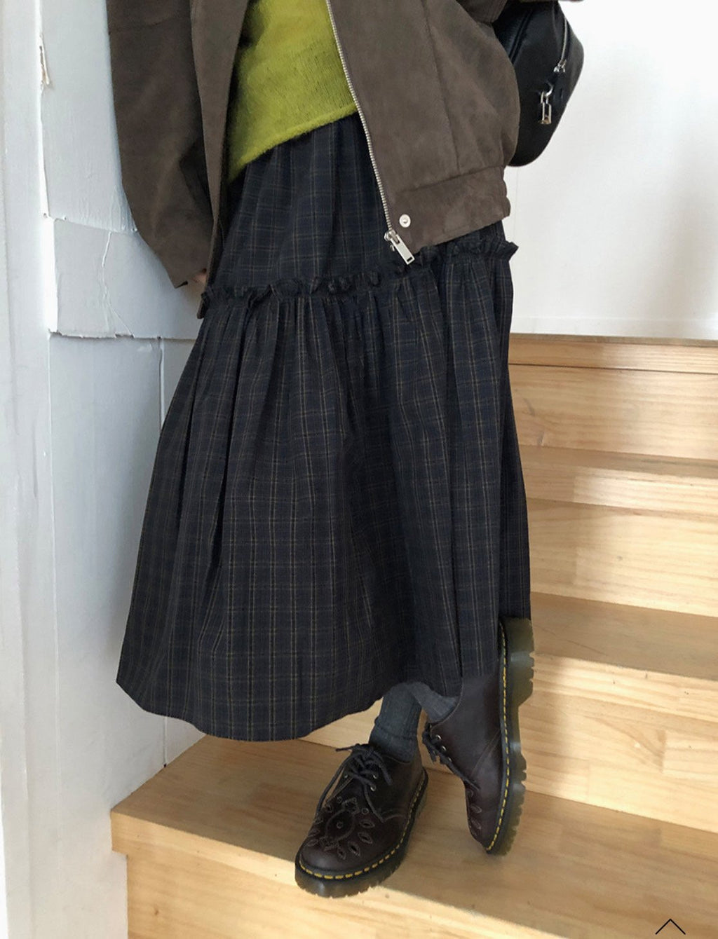 Tiered Midi Skirt with Check Pattern and Drawstring Waist