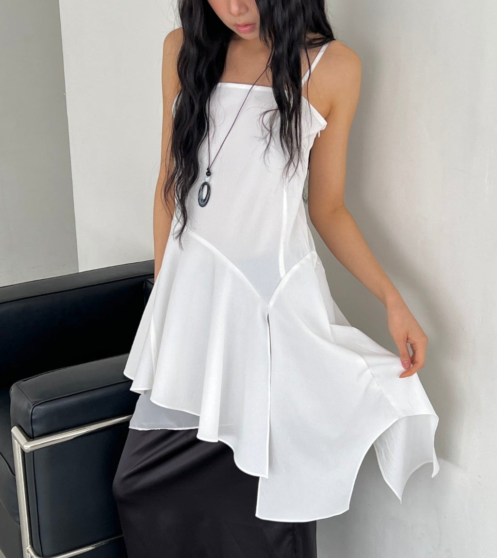 ASKHAKI Square Neck Chiffon Flare Mini Dress