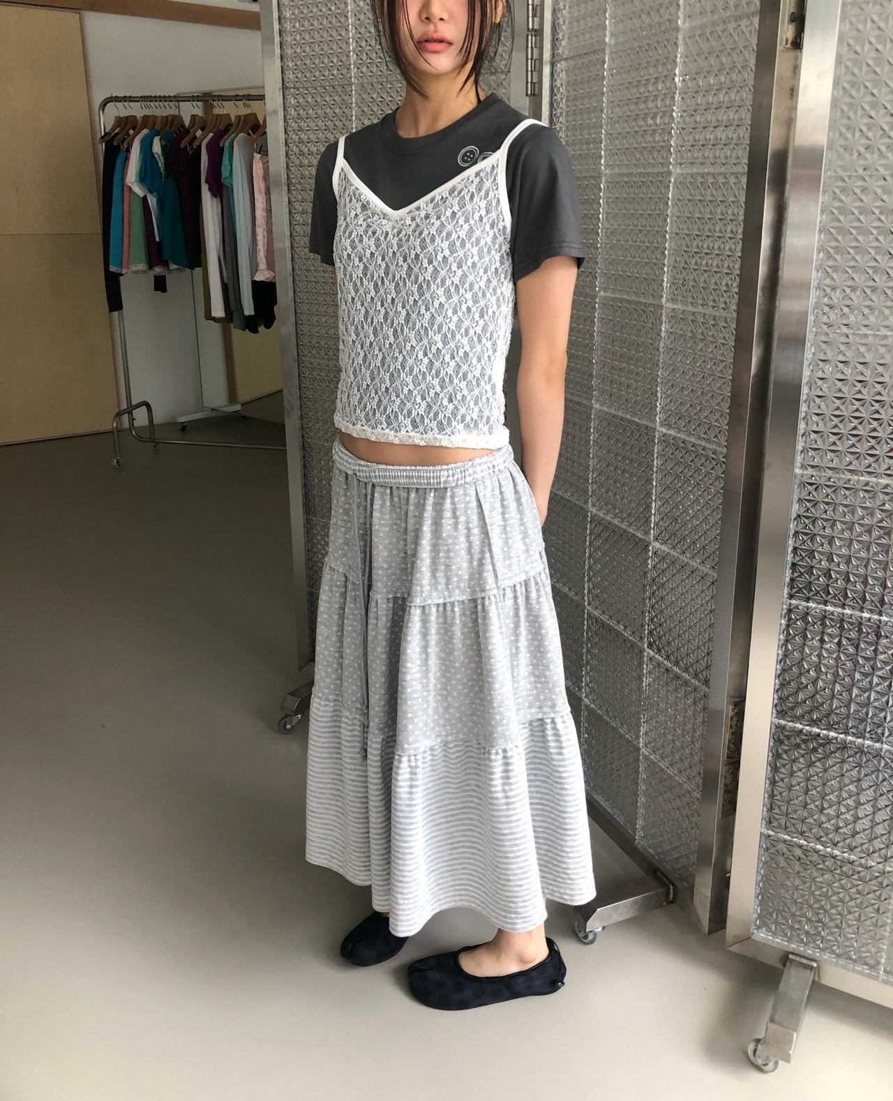 NueFlash Polka Dot Stripe Tiered Maxi Skirt