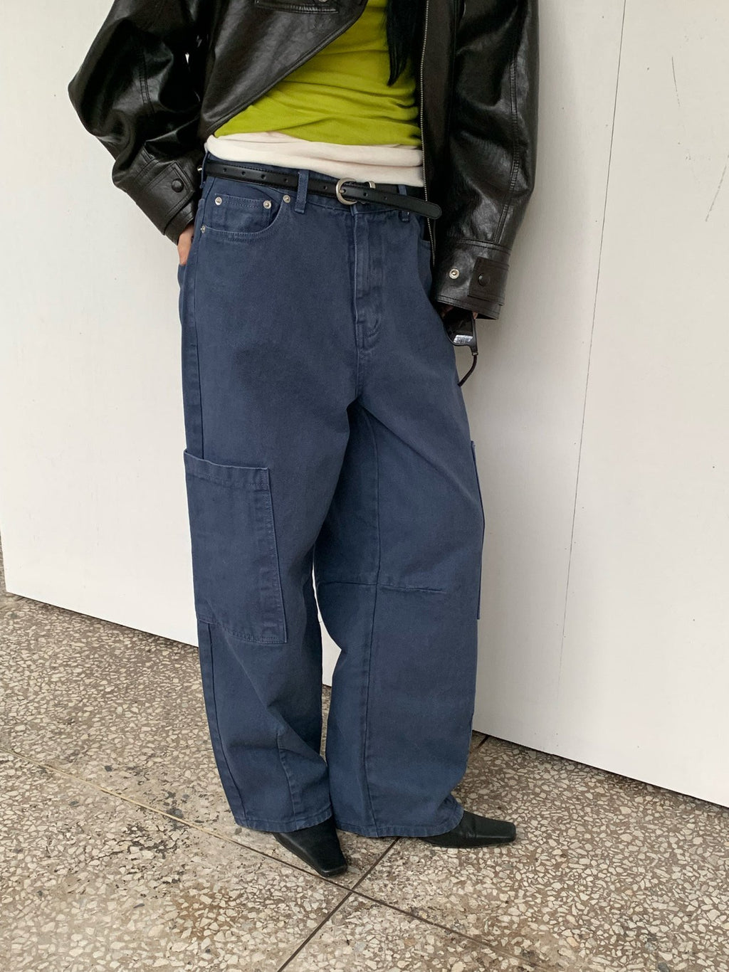 Vaara Cargo Pocket Curved Wide Pants — High Waist Button Zip Full Length