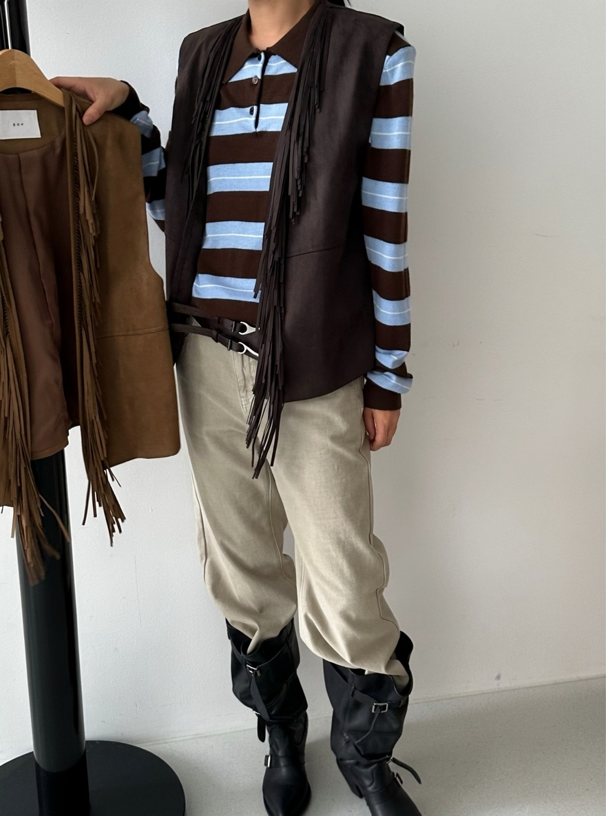 Suede Fringe Vest Camel held on hanger side