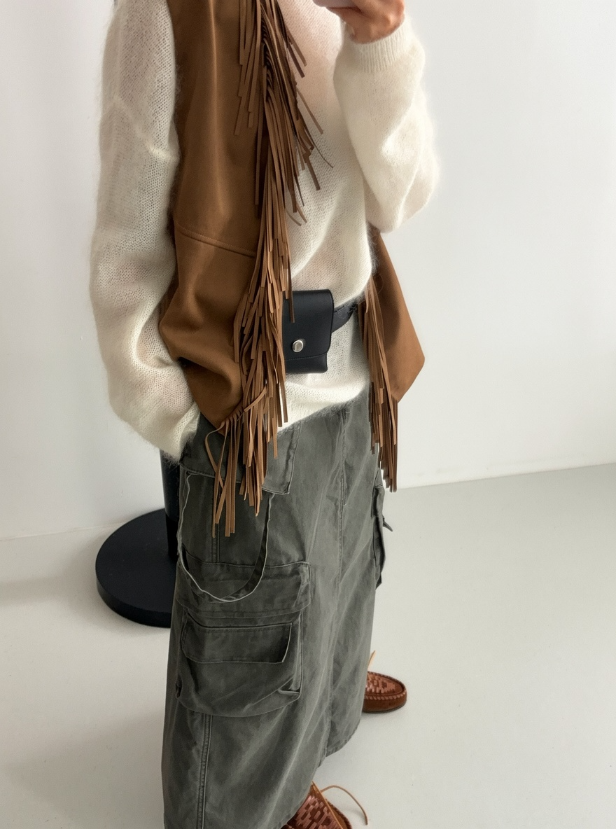 Suede Fringe Vest Camel styled side view fringe