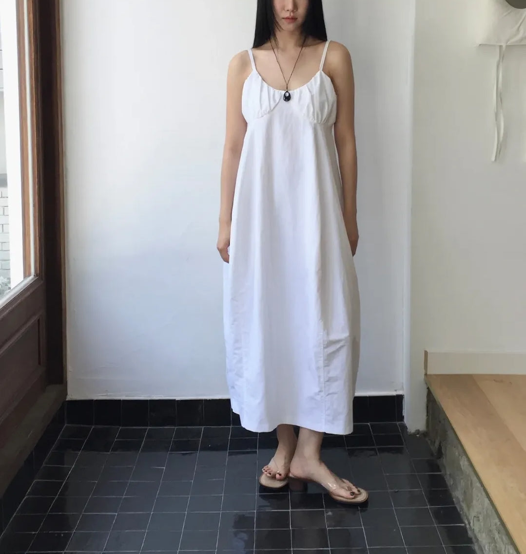 Lovemoment Balloon Washer Midi Dress — Nylon Spaghetti Strap Open Back