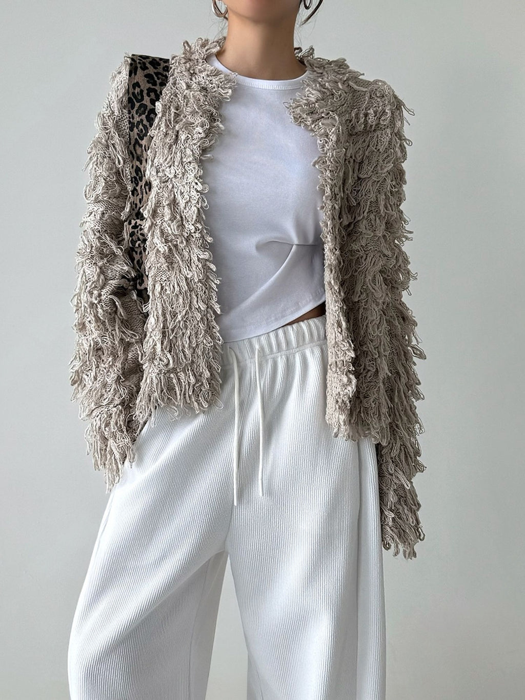 Fringe Knit Cardigan Beige back view styled
