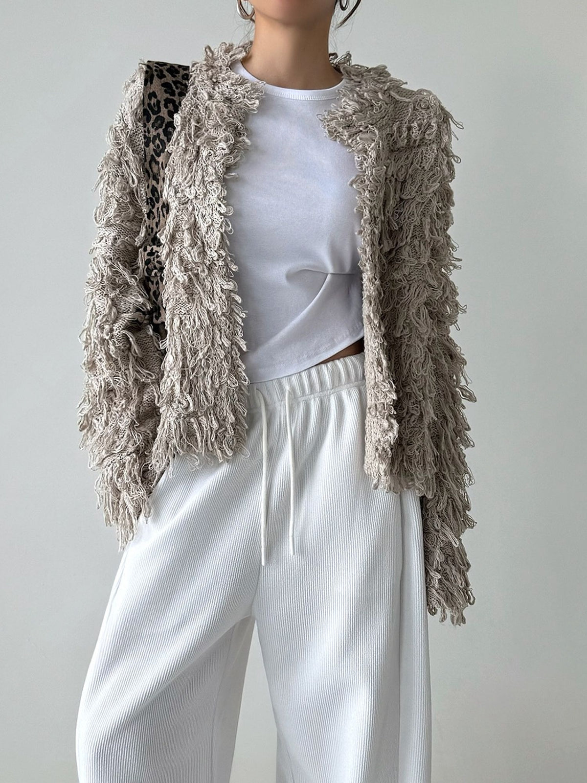 Fringe Knit Cardigan Beige back view styled