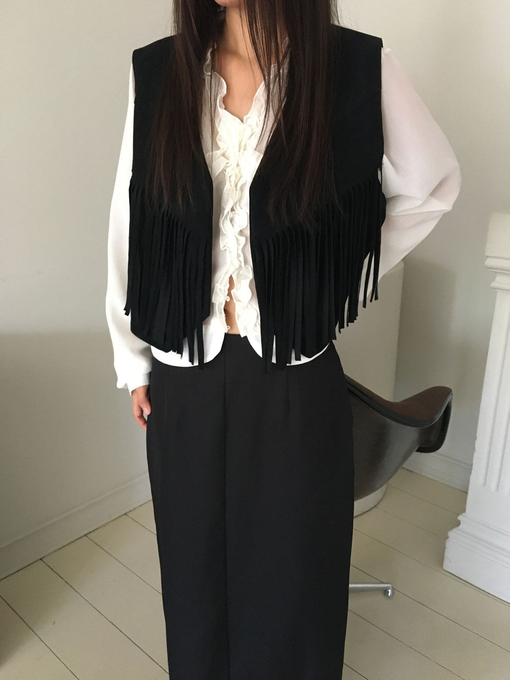 Suede Fringe Vest Black front open styled