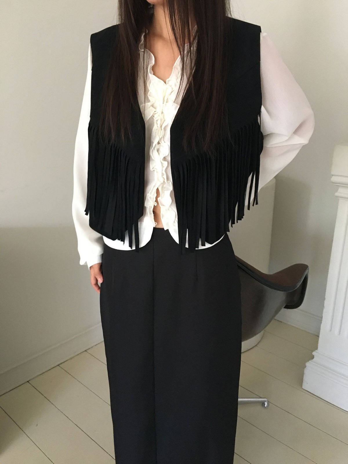 Suede Fringe Vest Black front open styled