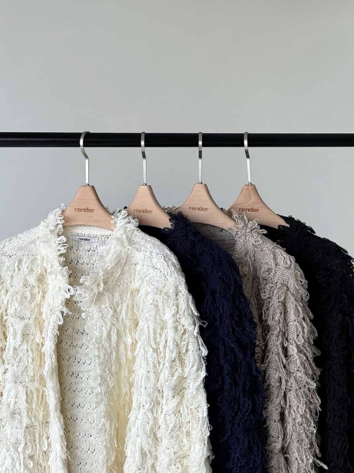 Fringe Knit Cardigan Beige full front open