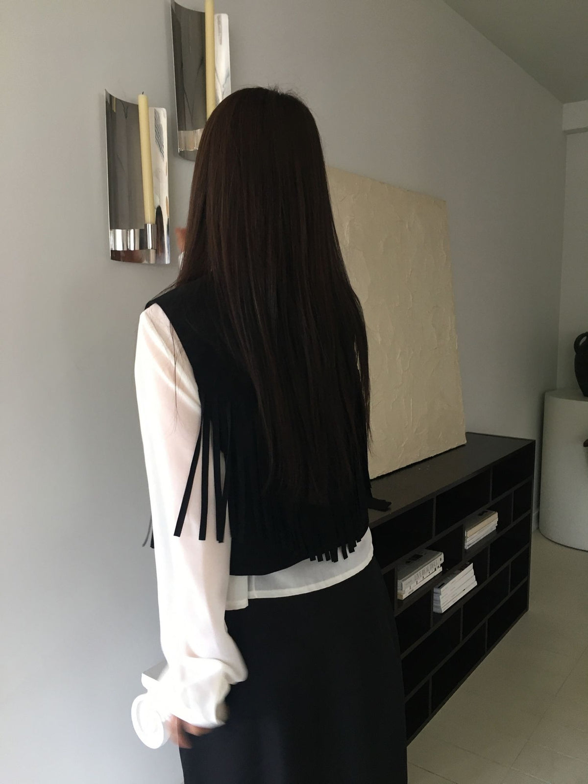 Suede Fringe Vest Black back view styled