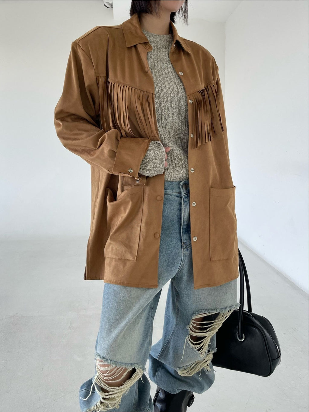 Suede Fringe Jacket Camel back fringe yoke detail