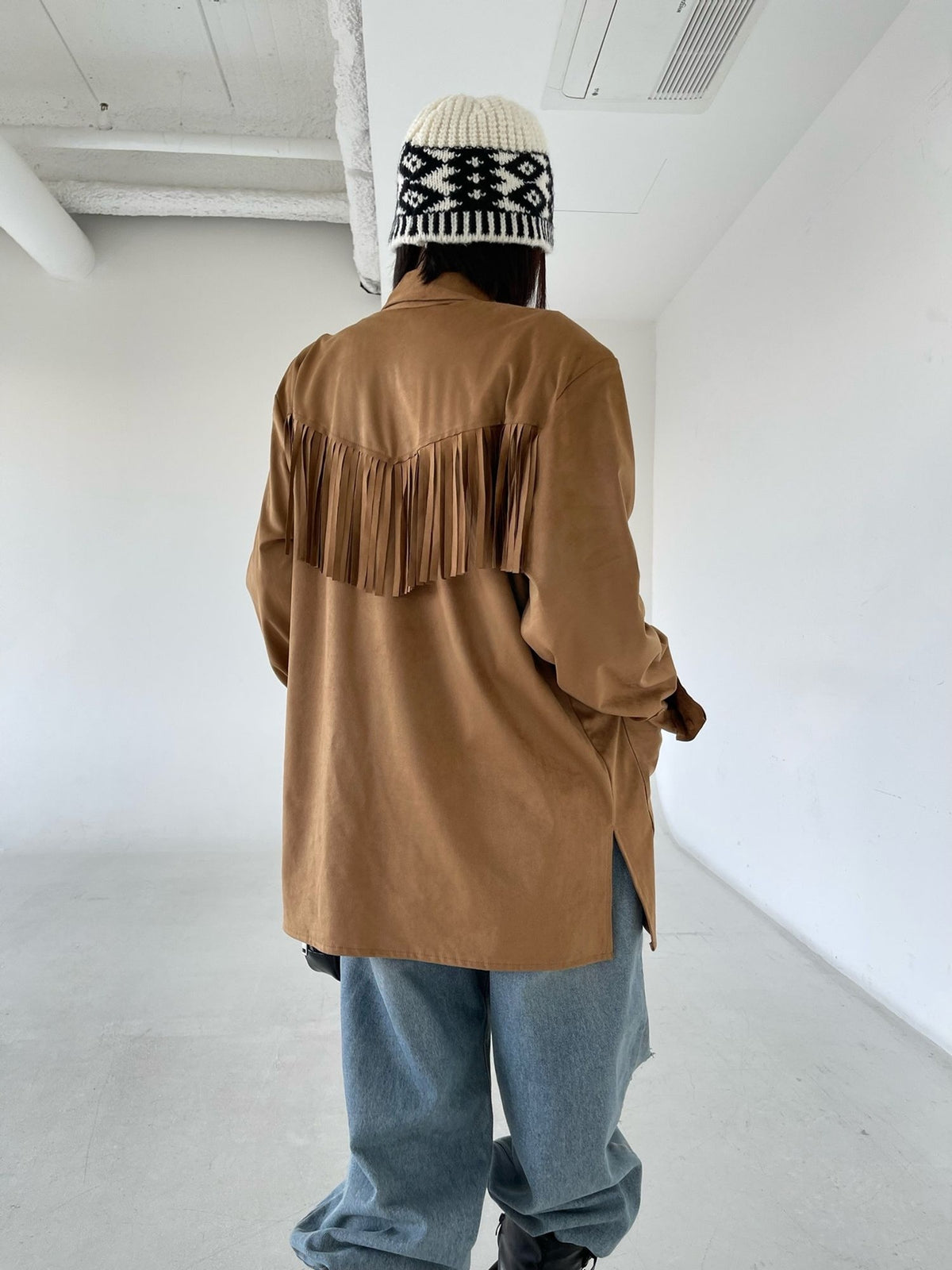 Suede Fringe Jacket Camel front buttons view