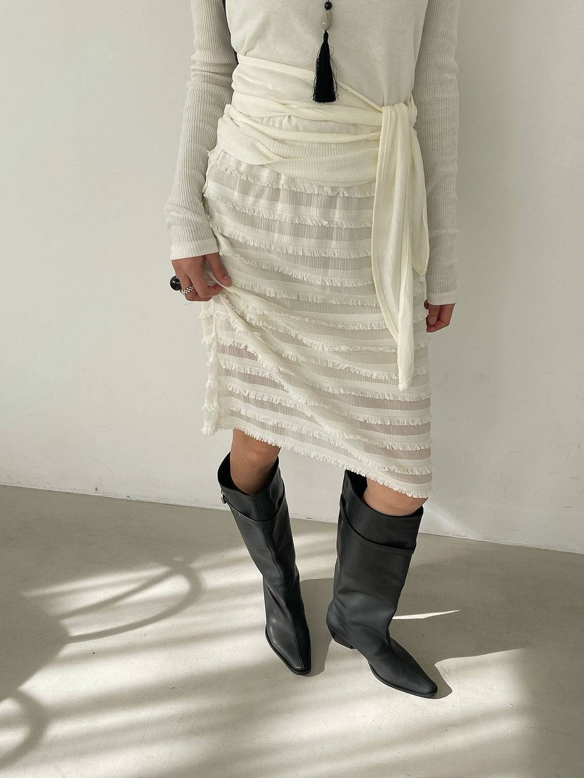 Tiered Fringe Midi Skirt Ivory full body front styled with boots 2
