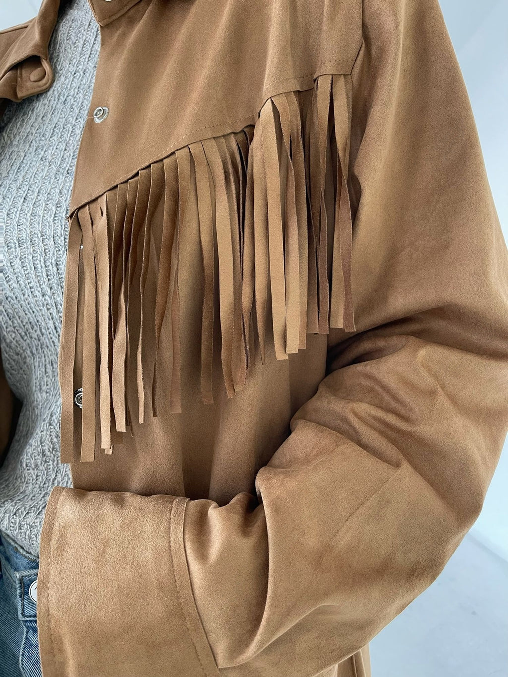 Suede Fringe Jacket Beige full body front open