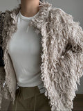 Fringe Knit Cardigan Beige front half body
