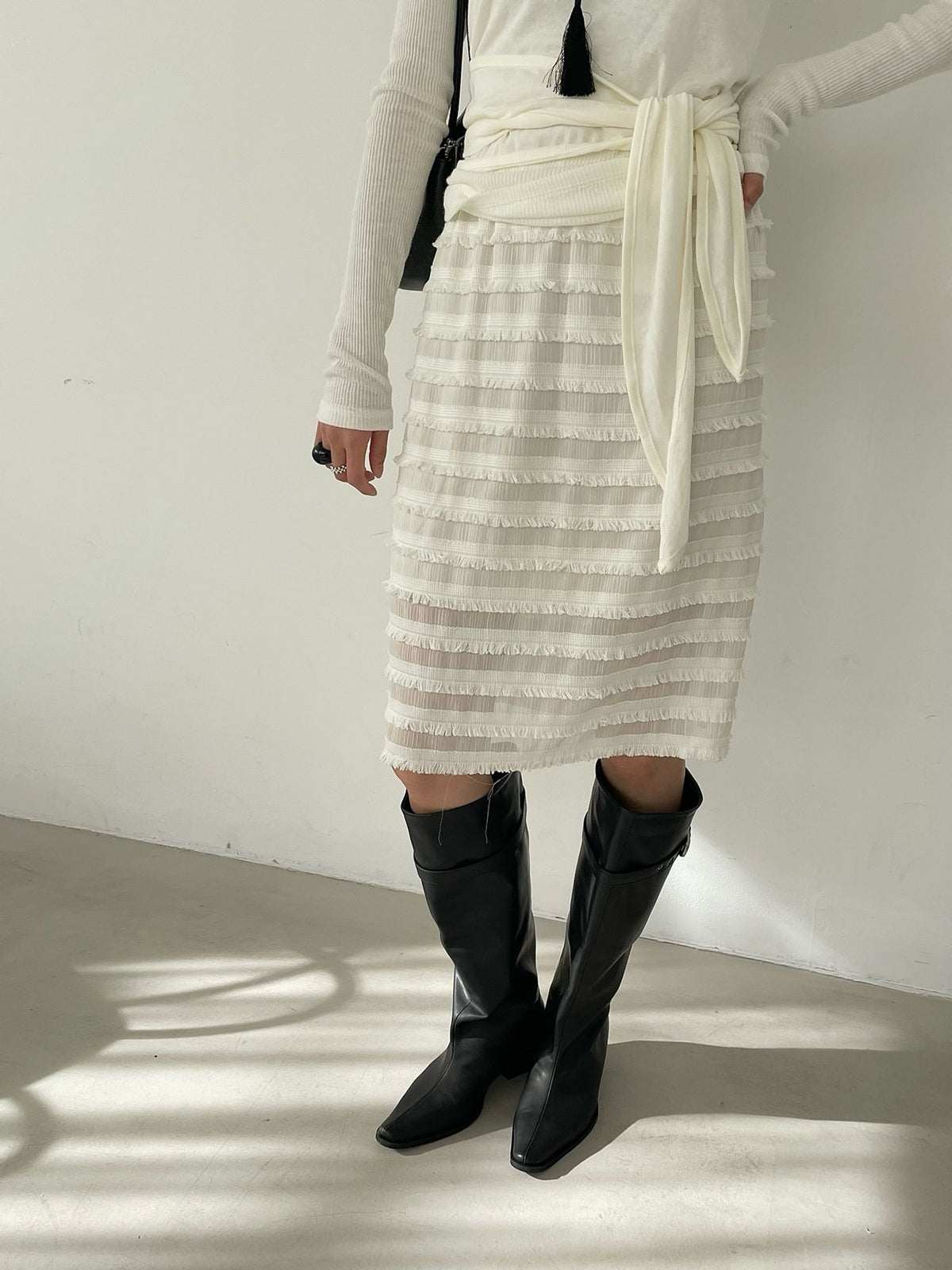 Tiered Fringe Midi Skirt Ivory full body front styled with boots 3
