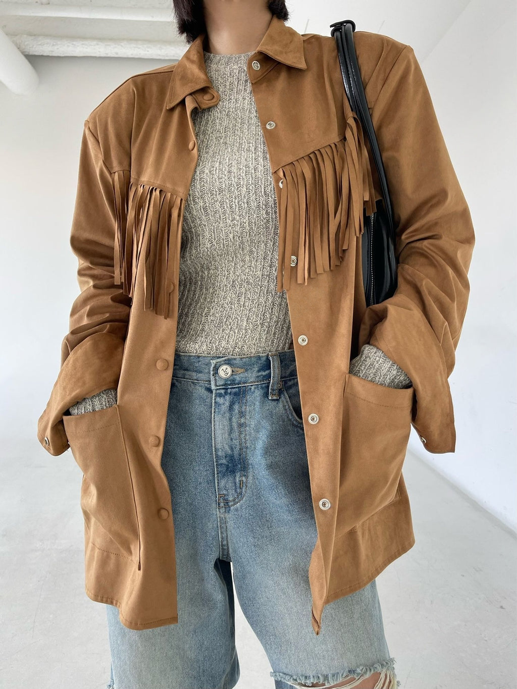 Suede Fringe Jacket Beige back fringe yoke