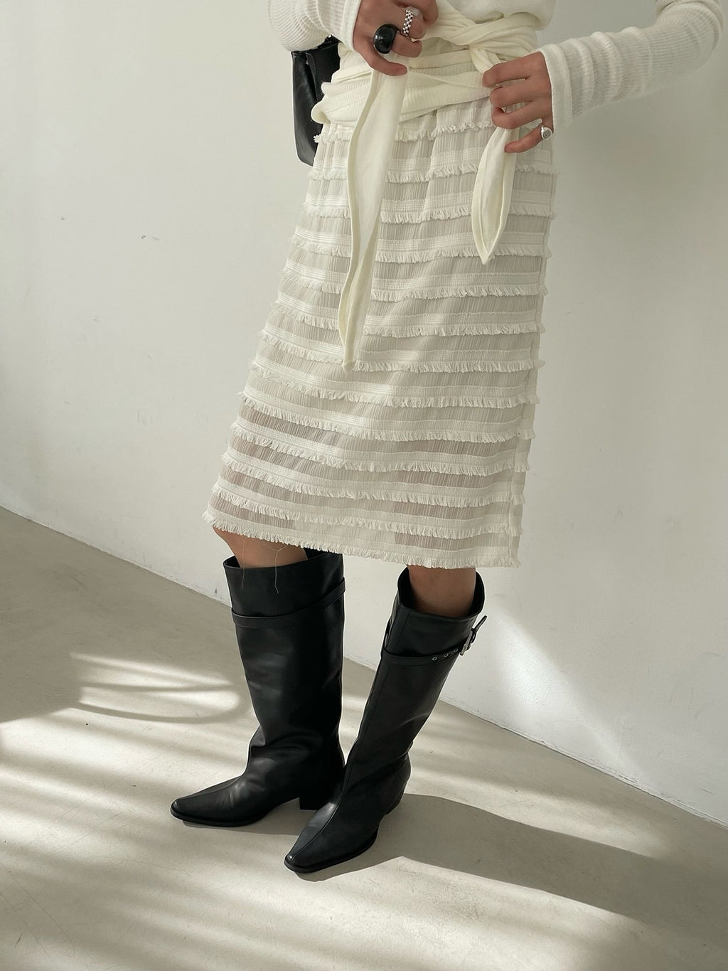 Tiered Fringe Midi Skirt Ivory full body front styled with boots 4